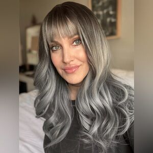 Brunette to Silver Gray Ombré Wig Heat Friendly Synthetic Long Wavy w/Bangs (#3)